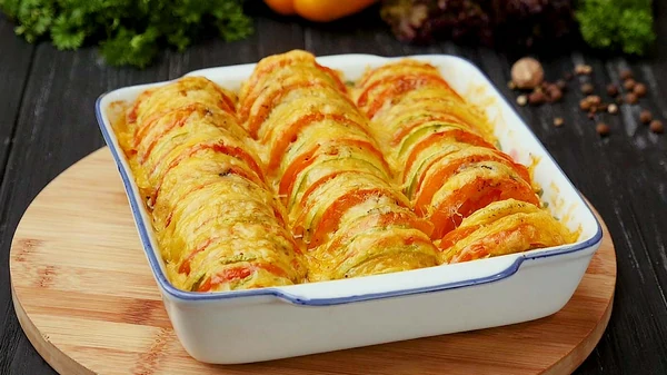 Кабачки, запеченные с луком и помидорами